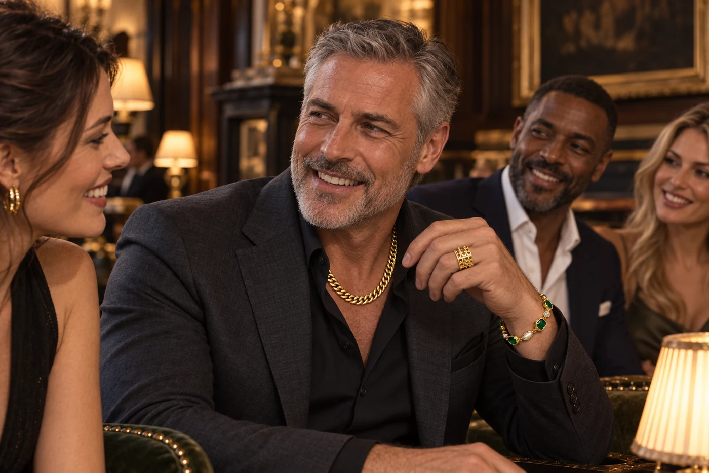 Marcus laughing with friends at the company annual meeting, wearing a gold chain, ring, and bracelet
