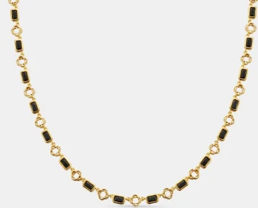 Gold chain necklace with black enamel link detailing