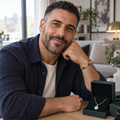 Omar K., verified buyer, wearing the gold bracelet with a pendant necklace gift box